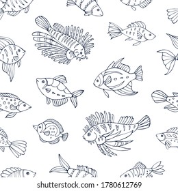 Seamless vector pattern with sketch of sea fish. Sea seamless vector pattern. Decoration print for wrapping, wallpaper, fabric. 