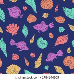Seamless vector pattern with sketch of sea fish and seashells. Sea seamless vector pattern. Decoration print for wrapping, wallpaper, fabric.
