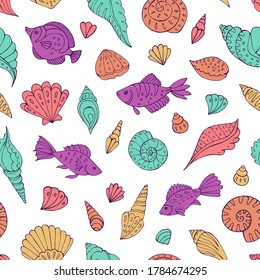 Seamless vector pattern with sketch of sea fish and seashells. Sea seamless vector pattern. Decoration print for wrapping, wallpaper, fabric.