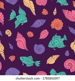 Seamless vector pattern with sketch of sea fish, seashells and sea stars. Sea seamless vector pattern. Decoration print for wrapping, wallpaper, fabric.