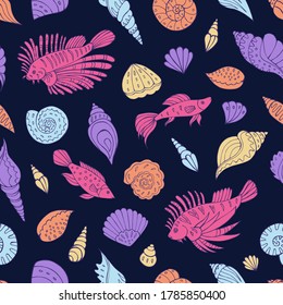 Seamless vector pattern with sketch of sea fish, seashells and sea stars. Sea seamless vector pattern. Decoration print for wrapping, wallpaper, fabric.