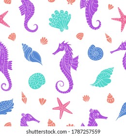 Seamless vector pattern with sketch of sea horses, sea stars and seashells. Sea seamless vector pattern. Decoration print for wrapping, wallpaper, fabric.  