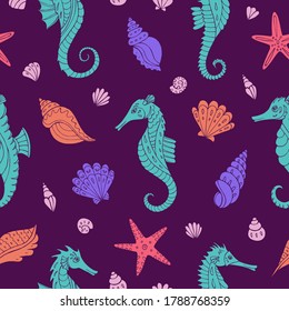 Seamless vector pattern with sketch of sea horses, sea stars and seashells. Sea seamless vector pattern. Decoration print for wrapping, wallpaper, fabric. 