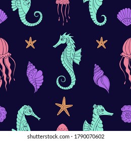 Seamless vector pattern with sketch of sea horses, jellyfish, sea stars and seashells. Sea seamless vector pattern. Decoration print for wrapping, wallpaper, fabric.