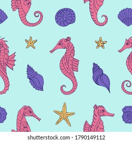 Seamless vector pattern with sketch of sea horses, sea stars and seashells. Sea seamless vector pattern. Decoration print for wrapping, wallpaper, fabric. 
