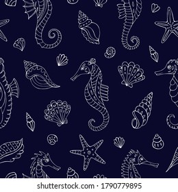 Seamless vector pattern with sketch of sea horses, sea stars and seashells. Sea seamless vector pattern. Decoration print for wrapping, wallpaper, fabric. 