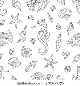 Seamless vector pattern with sketch of sea horses, fish, sea stars and seashells. Sea seamless vector pattern. Decoration print for wrapping, wallpaper, fabric. 