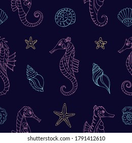 Seamless vector pattern with sketch of sea horses, sea stars and seashells. Sea seamless vector pattern. Decoration print for wrapping, wallpaper, fabric. 