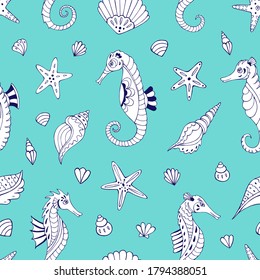 Seamless vector pattern with sketch of sea horses, sea stars and seashells. Sea seamless vector pattern. Decoration print for wrapping, wallpaper, fabric. 