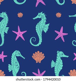 Seamless vector pattern with sketch of sea horses, sea stars and seashells. Sea seamless vector pattern. Decoration print for wrapping, wallpaper, fabric.