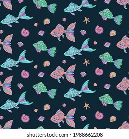 Patrón vectorial sin foco con boceto de peces marinos, conchas marinas y estrellas del mar. Patrón vectorial sin costuras en el mar. Impresión decorativa para envolturas, papel pintado y tela.