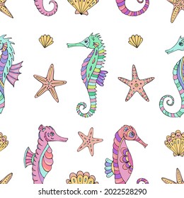 Seamless vector pattern with sketch of sea horses, sea stars and seashells. Sea seamless vector pattern. Decoration print for wrapping, wallpaper, fabric.