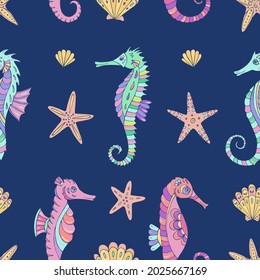 Seamless vector pattern with sketch of sea horses, sea stars and seashells. Sea seamless vector pattern. Decoration print for wrapping, wallpaper, fabric.