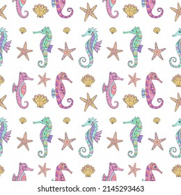 Seamless vector pattern with sketch of sea horses, sea stars and seashells. Sea seamless vector pattern. Decoration print for wrapping, wallpaper, fabric.