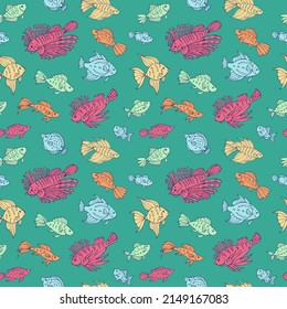 Seamless vector pattern with sketch of sea fish. Sea seamless vector pattern. Decoration print for wrapping, wallpaper, fabric.