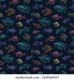 Seamless vector pattern with sketch of sea fish. Sea seamless vector pattern. Decoration print for wrapping, wallpaper, fabric.