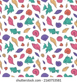 Seamless vector pattern with sketch of sea fish, seashells and sea stars. Sea seamless vector pattern. Decoration print for wrapping, wallpaper, fabric.