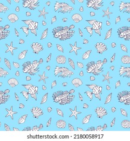 Seamless vector pattern with sketch of sea fish, seashells and sea stars. Sea seamless vector pattern. Decoration print for wrapping, wallpaper, fabric.