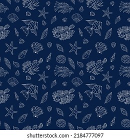 Seamless vector pattern with sketch of sea fish, seashells and sea stars. Sea seamless vector pattern. Decoration print for wrapping, wallpaper, fabric.