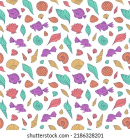 Seamless vector pattern with sketch of sea fish, seashells and sea stars. Sea seamless vector pattern. Decoration print for wrapping, wallpaper, fabric.