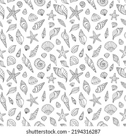 Patrón vectorial sin foco con boceto de conchas marinas y estrellas marinas . Patrón vectorial sin costuras en el mar. Impresión decorativa para envolturas, papel pintado y tela.