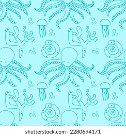 Seamless vector pattern with sketch of sea animals. Ocean seamless vector pattern. Decoration print for wrapping, wallpaper, fabric. EPS