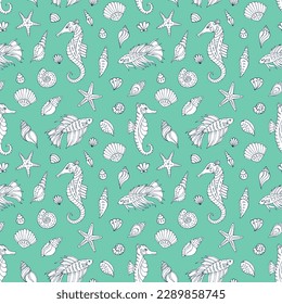 Seamless vector pattern with sketch of sea horses, jellyfish, sea stars and seashells. Sea seamless vector pattern. Decoration print for wrapping, wallpaper, fabric. 