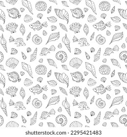 Seamless vector pattern with sketch of sea fish, seashells and sea stars. Sea seamless vector pattern. Decoration print for wrapping, wallpaper, fabric.