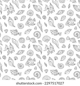 Seamless vector pattern with sketch of sea fish, seashells and sea stars. Sea seamless vector pattern. Decoration print for wrapping, wallpaper, fabric.