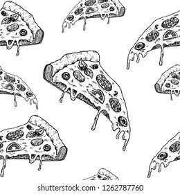 seamless vector pattern, sketch slice of pizza, hand drawn on a white background