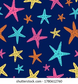 Seamless vector pattern with sketch of starfish. Sea seamless vector pattern. Decoration print for wrapping, wallpaper, fabric.