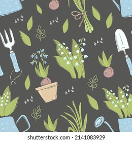 Seamless vector pattern in sketch style on a garden theme on a dark background. Watering can with flowers, vegetables, rake, shovel, seedlings in pots. Background for home textiles, gardening