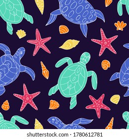 Seamless vector pattern with sketch of turtles, starfish and sea shells. Sea seamless vector pattern. Decoration print for wrapping, wallpaper, fabric.