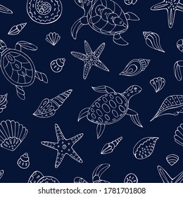 Seamless vector pattern with sketch of turtles, starfish and sea shells. Sea seamless vector pattern. Decoration print for wrapping, wallpaper, fabric.