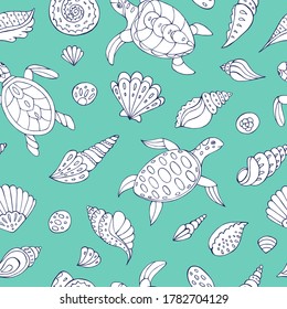 Seamless vector pattern with sketch of turtles and sea shells. Sea seamless vector pattern. Decoration print for wrapping, wallpaper, fabric.