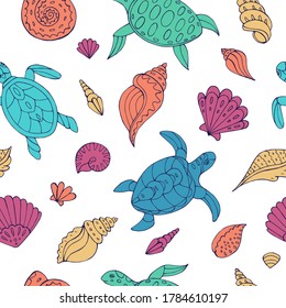 Seamless vector pattern with sketch of turtles and sea shells. Sea seamless vector pattern. Decoration print for wrapping, wallpaper, fabric.