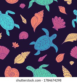 Seamless vector pattern with sketch of turtles and sea shells. Sea seamless vector pattern. Decoration print for wrapping, wallpaper, fabric. 