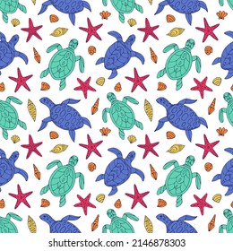 Seamless vector pattern with sketch of turtles, starfish and sea shells. Sea seamless vector pattern. Decoration print for wrapping, wallpaper, fabric.