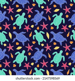 Seamless vector pattern with sketch of turtles, starfish and sea shells. Sea seamless vector pattern. Decoration print for wrapping, wallpaper, fabric.