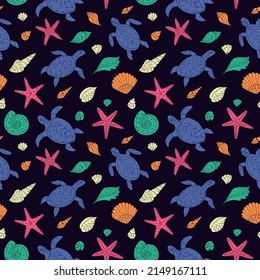 Seamless vector pattern with sketch of turtles, starfish and sea shells. Sea seamless vector pattern. Decoration print for wrapping, wallpaper, fabric. 