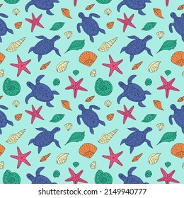 Seamless vector pattern with sketch of turtles, starfish and sea shells. Sea seamless vector pattern. Decoration print for wrapping, wallpaper, fabric.