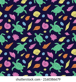 Seamless vector pattern with sketch of turtles, starfish and sea shells. Sea seamless vector pattern. Decoration print for wrapping, wallpaper, fabric. 