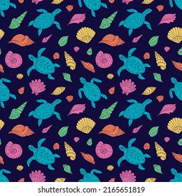 Seamless vector pattern with sketch of turtles, starfish and sea shells. Sea seamless vector pattern. Decoration print for wrapping, wallpaper, fabric. 