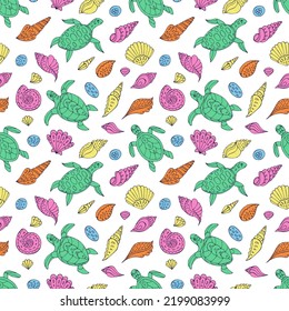 Seamless vector pattern with sketch of turtles, starfish and sea shells. Sea seamless vector pattern. Decoration print for wrapping, wallpaper, fabric. 