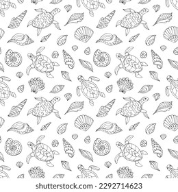 Seamless vector pattern with sketch of turtles and sea shells. Sea seamless vector pattern. Decoration print for wrapping, wallpaper, fabric. 