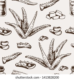 Seamless Vector Pattern Of Sketched Aloe Vera. Hand Drawn Illustration