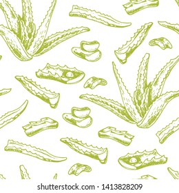 Seamless Vector Pattern Of Sketched Aloe Vera. Hand Drawn Illustration