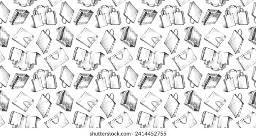 Seamless vector pattern of sketches different paper shopping bags, background for paper,wrapper