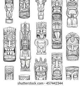 Seamless vector pattern of sketches Hawaiian tiki idols