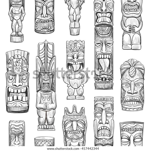 Seamless Vector Pattern Sketches Hawaiian Tiki Stock Vector (Royalty ...